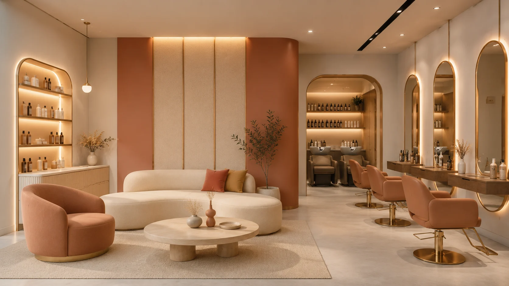 Modern beauty parlour interior design with styling stations in Kerala