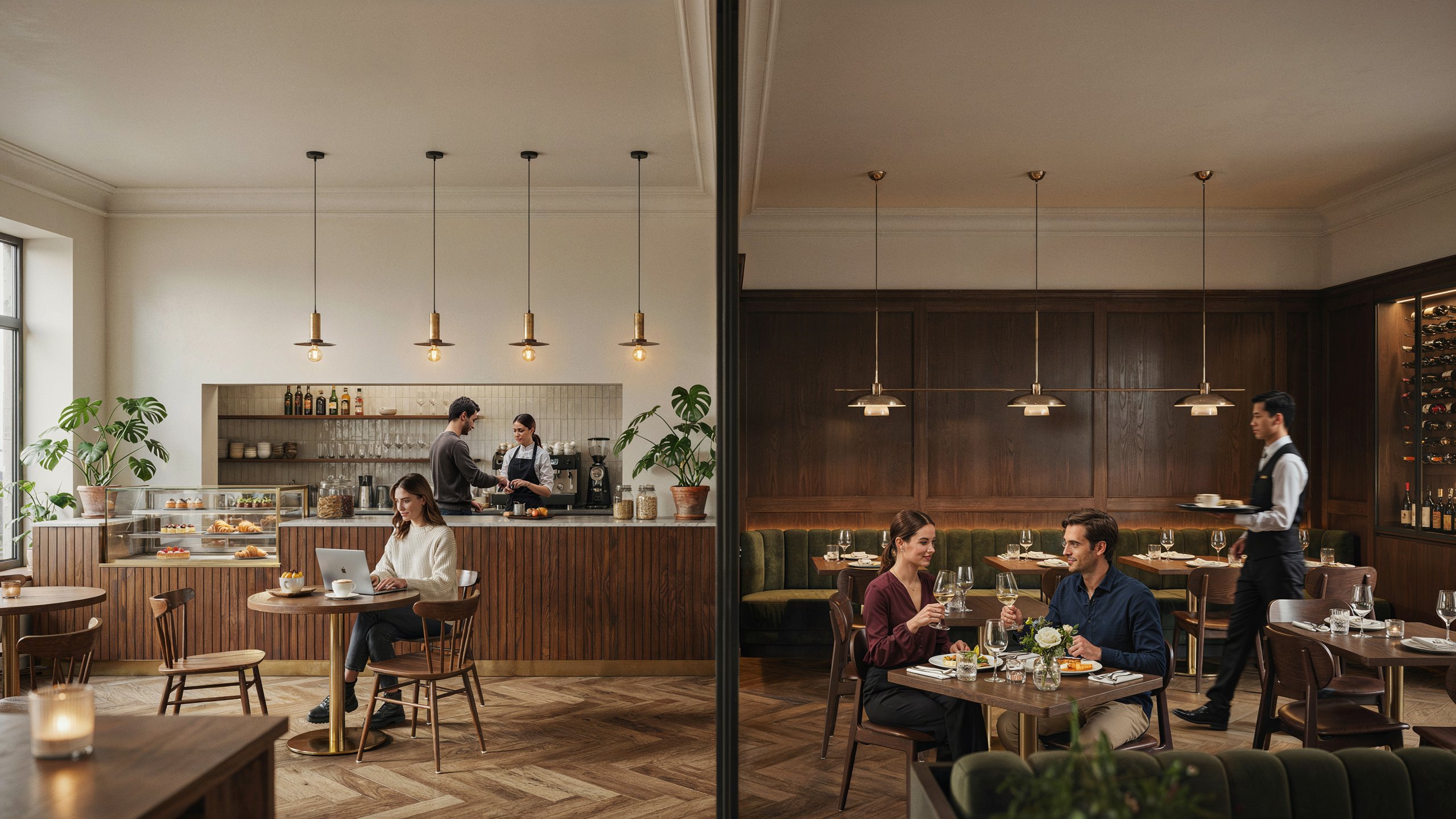 Cafe interior with communal seating next to a restaurant dining room with warm lighting, comparing interior design styles
